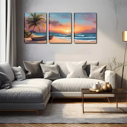3pcs Sunshine, Beach, Small Boat, Triptych Wall Art Set Canvas Unframed - High Quality Print 100% Australian Made Wall Canvas