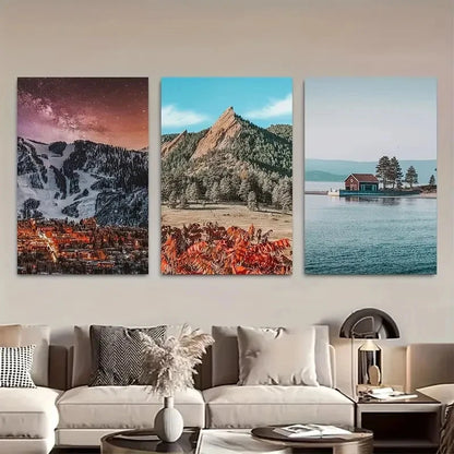 3pcs Vibrant Mountain & Lake Scenery Metal Print Ready to Hang Art