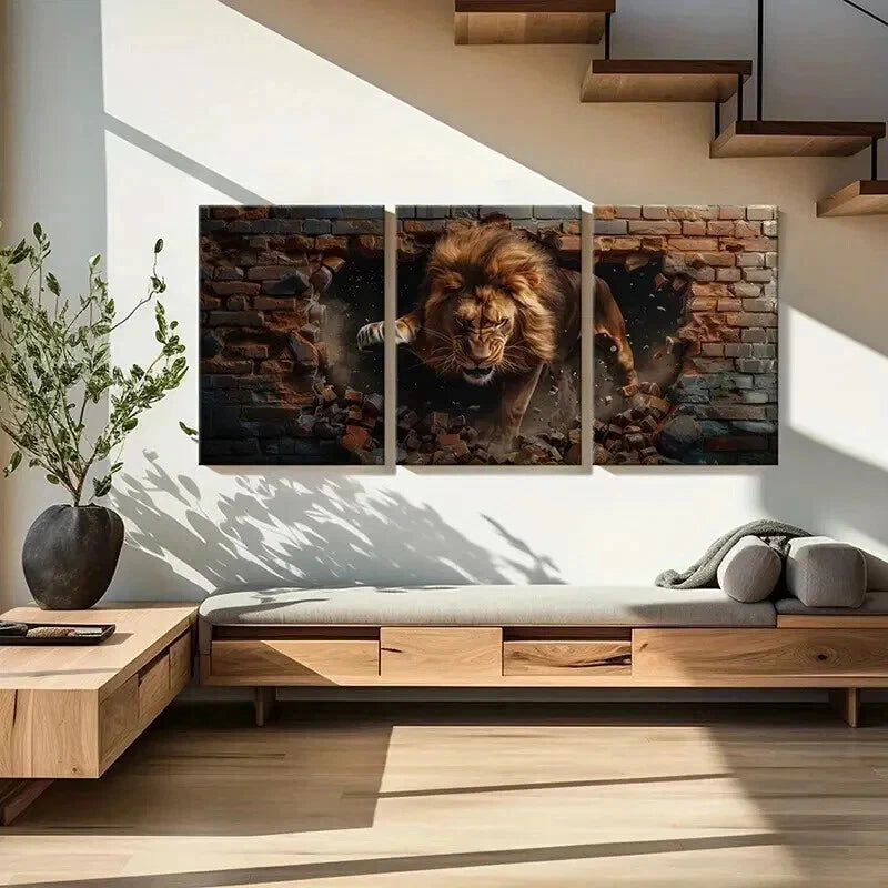 3pcs Majestic Lion Destroying Bricks Wall Art Set Canvas Framed 60x90cm - High Quality Print 100% Australian Made Wall Canvas Ready to Hang - Bella Home Decor
