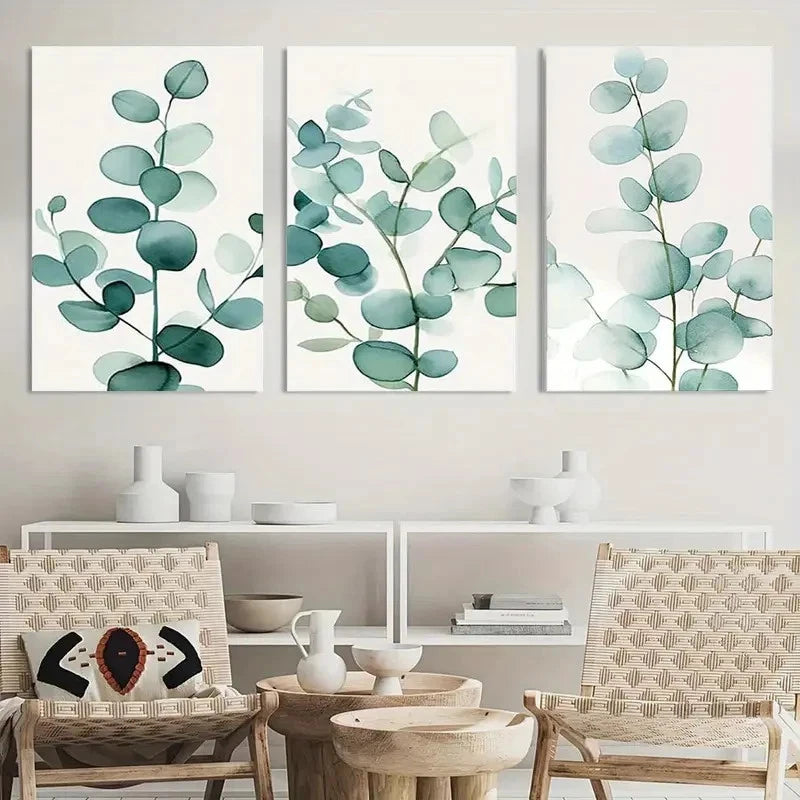 3pcs Painting Eucalyptus Sage Green Wall Art Metal Print Ready to Hang Art - Bella Home Decor