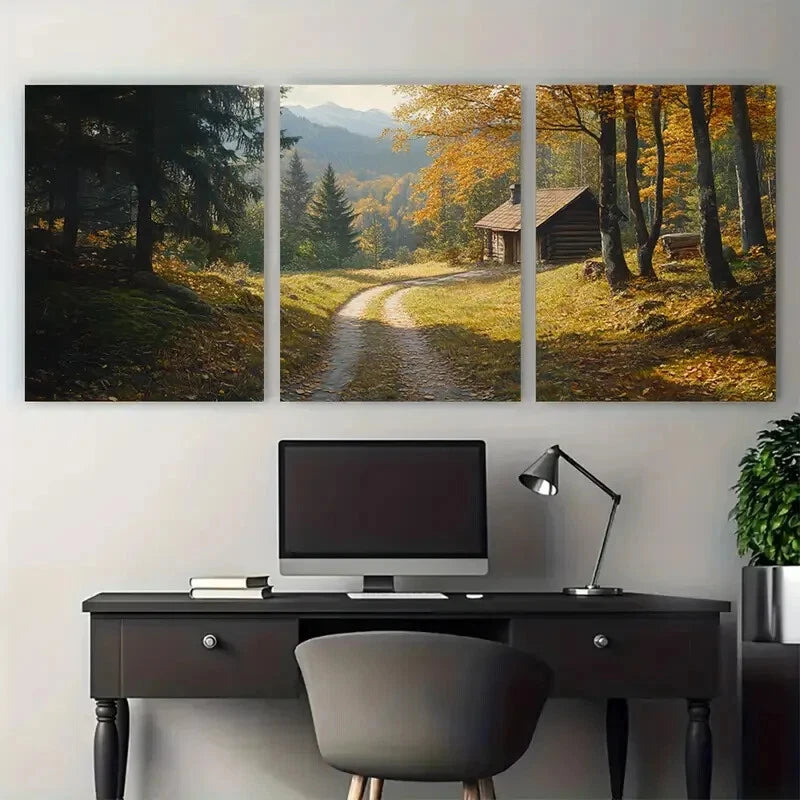 3pcs Impressionist Autumn Forest Scene Golden Metal Print Ready to Hang Art