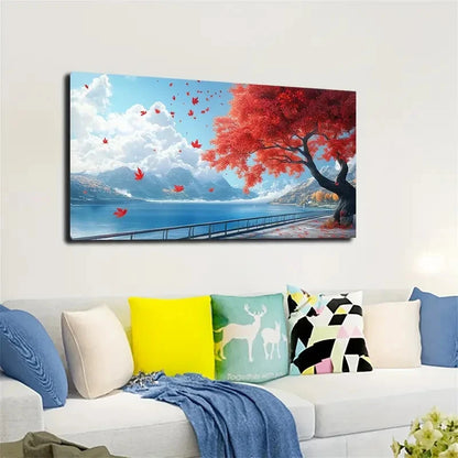 Vibrant Red Foliage & Serene Wall Art canvas office home room framed 120x60cm