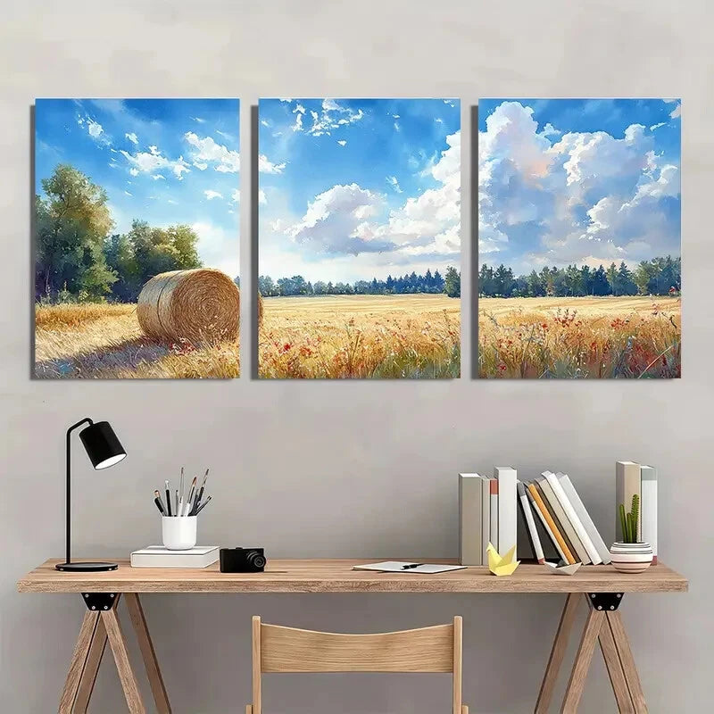 3pcs Rustic Haystacks Serene Countryside Landscape Metal Print Ready to Hang Art - Bella Home Decor