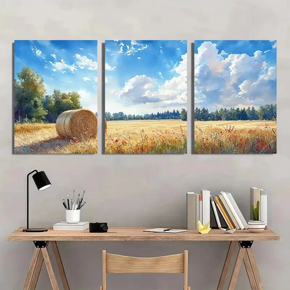 3pcs Rustic Haystacks Serene Countryside Landscape Metal Print Ready to Hang Art - Bella Home Decor