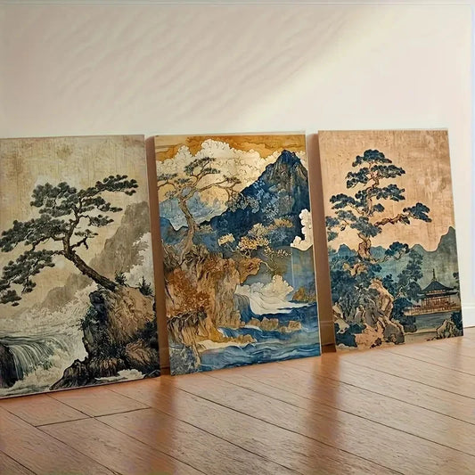 3pcs Traditional Vintage Mountains, Trees Wall Art Set Canvas Framed 40x60cm - High Quality Print 100% Australian Made Wall Canvas Ready to Hang