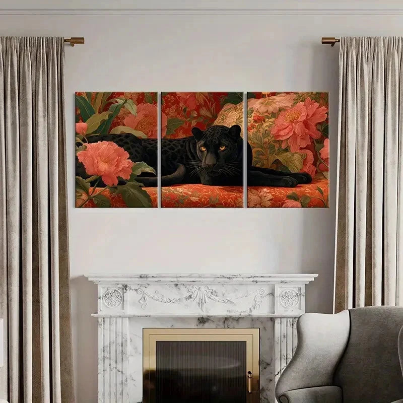 3pcs Black Panther Floral Background Luxurious Metal Print Ready to Hang Art - Bella Home Decor