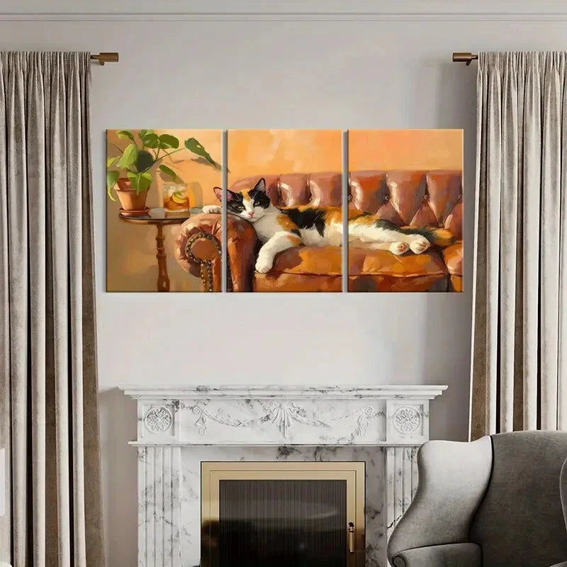 3pcs Artistic Cat On Sofa Warm Tones Cozy Metal Print Ready to Hang Art - Bella Home Decor