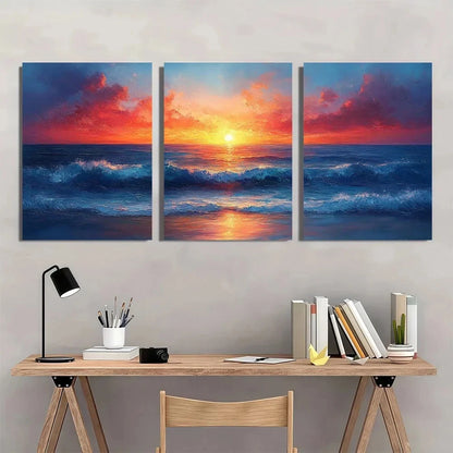 3pcs Sunset Seascape Textured Ocean Painting Metal Print Ready to Hang Art - Bella Home Decor