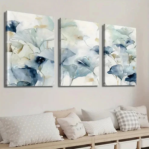 3pcs Modern Indigo Blue & White Botanical Wall Art Set Canvas Unframed - High Quality Print 100% Australian Made Wall Canvas