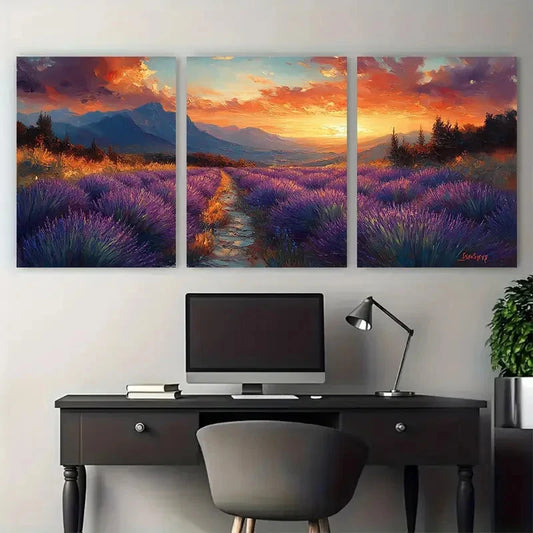 3pcs Provence Lavender Fields & Sunset Mountain Metal Print Ready to Hang Art