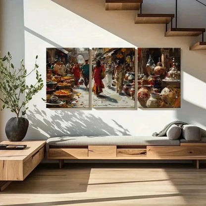 3pcs Indian Market Colorful Pottery Wall Art Set Canvas Framed 50x70cm - High Quality Print 100% Australian Made Wall Canvas Ready to Hang - Bella Home Decor