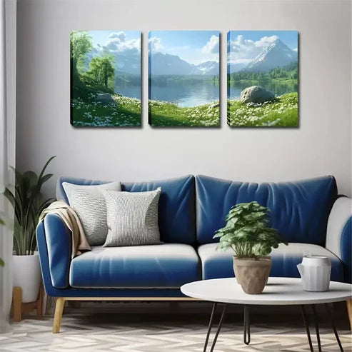 3pcs Spring, Lake, Snow Mountain, Exquisite Wall Art Set Canvas Framed 60x90cm - High Quality Print 100% Australian Made Wall Canvas Ready to Hang - Bella Home Decor
