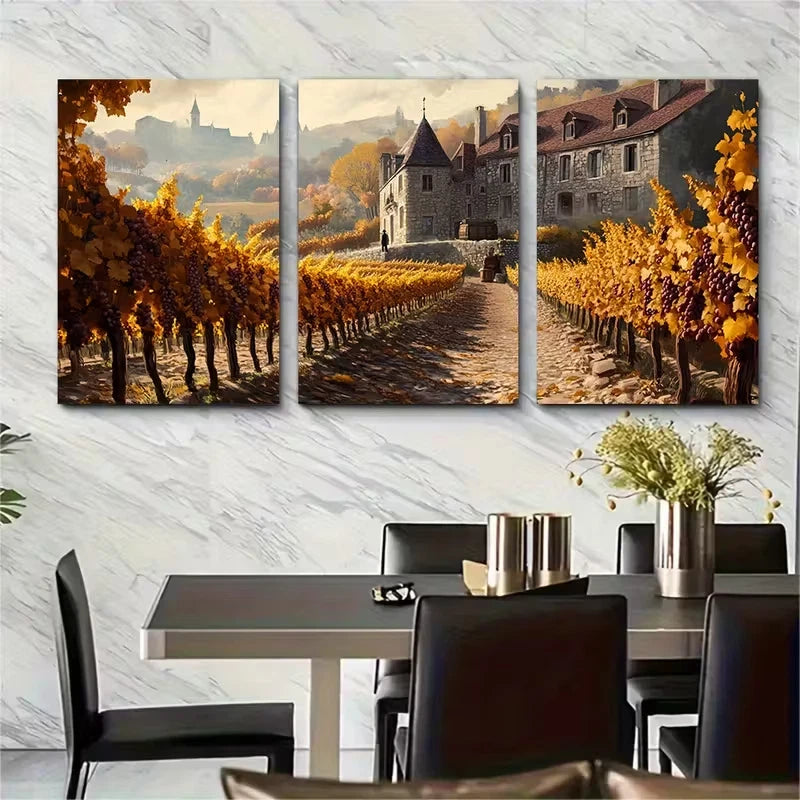 3pcs Burgundy Vineyards in Autumn Metal Print Ready to Hang Art - Bella Home Decor