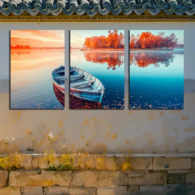 3pcs Water Reflections and Wooden Boat Metal Print Ready to Hang Art - Bella Home Decor