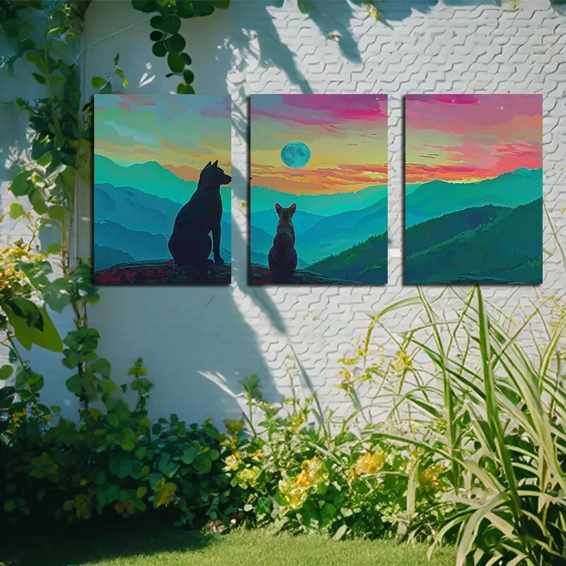 3pcs Cat and Dog Silhouette with Sunset Landscape Metal Print Ready to Hang Art - Bella Home Decor