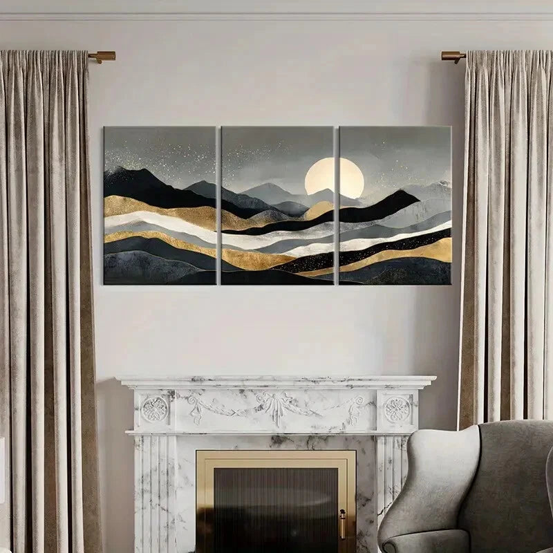 3pcs Abstract Landscape Art Golden Mountains Metal Print Ready to Hang Art - Bella Home Decor