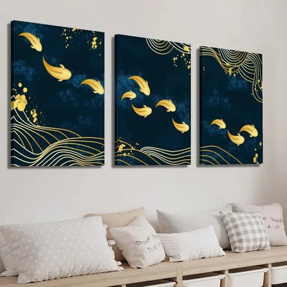 3pcs Navy blue and Golden Fish Wall Art Set Canvas Unframed - High Quality Print 100% Australian Made Wall Canvas