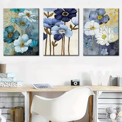 3pcs Abstract floral blue for Lotus Flowers Wall Art Canvas Unframed - High Quality Print 100% Australian Made Wall Canvas - Bella Home Decor