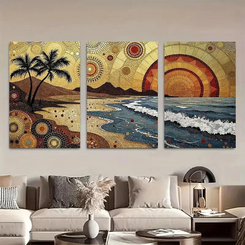 3pcs Golden and Blue Coastal Stunning Mosaic Beach Metal Print Ready to Hang Art - Bella Home Decor