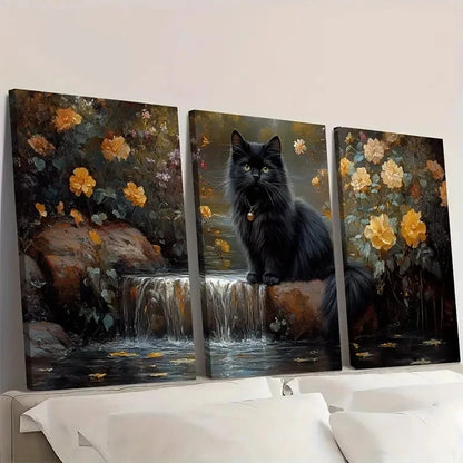 3pcs Black Cat Waterfall & Floral Desig  Wall Art Set Canvas Framed 50x70cm - High Quality Print 100% Australian Made Wall Canvas Ready to Hang - Bella Home Decor