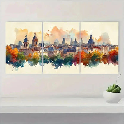 3pcs Rooftops Watercolor Cityscape Painting Metal Print Ready to Hang Art