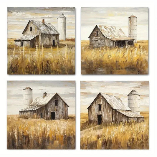 4pcsWeathered Barn & Silo ScenesWall Art Canvas Framed