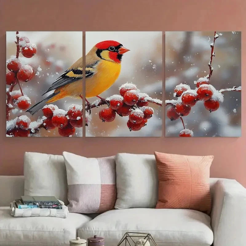 3pcs Goldfinch Small Birds with Fruits Design Metal Print Ready to Hang Art - Bella Home Decor