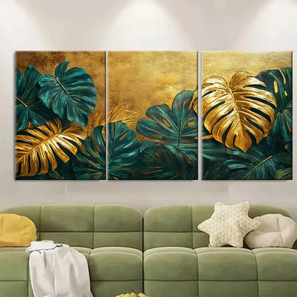 3pcs Luxury Golden Green Tropical Leaves Metal Print Ready to Hang Art - Bella Home Decor