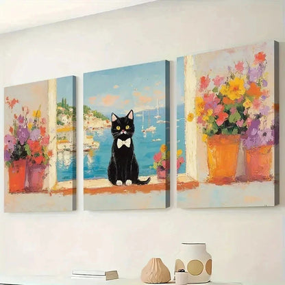 3pcs  Cat with White Paws & Bow Tie  Wall Art Set Canvas Framed 60x90cm - High Quality Print 100% Australian Made Wall Canvas Ready to Hang - Bella Home Decor