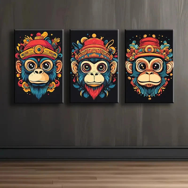 3pcs Cartoon Monkey Head Design Wall Art Set Canvas Framed 50x70cm - High Quality Print 100% Australian Made Wall Canvas Ready to Hang - Bella Home Decor
