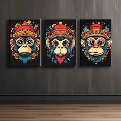 3pcs Cartoon Monkey Head Design Wall Art Set Canvas Framed 50x70cm - High Quality Print 100% Australian Made Wall Canvas Ready to Hang - Bella Home Decor