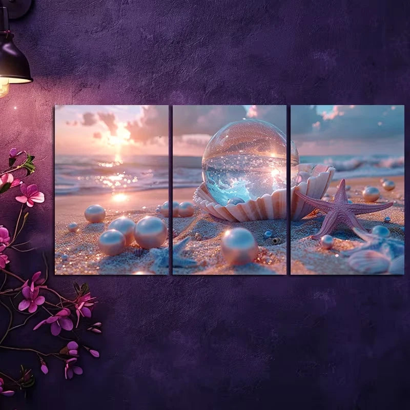 3pcs Opalescent Crystal Ball & Seashell Design Wall Art Set Canvas Framed 60x90cm - High Quality Print 100% Australian Made Wall Canvas Ready to Hang