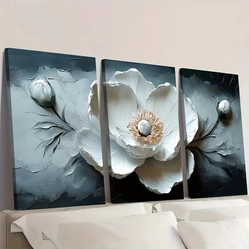 3pcs Impasto Abstract White Peony  GK   Wall Art Set Canvas Framed 50x70cm - High Quality Print 100% Australian Made Wall Canvas Ready to Hang - Bella Home Decor