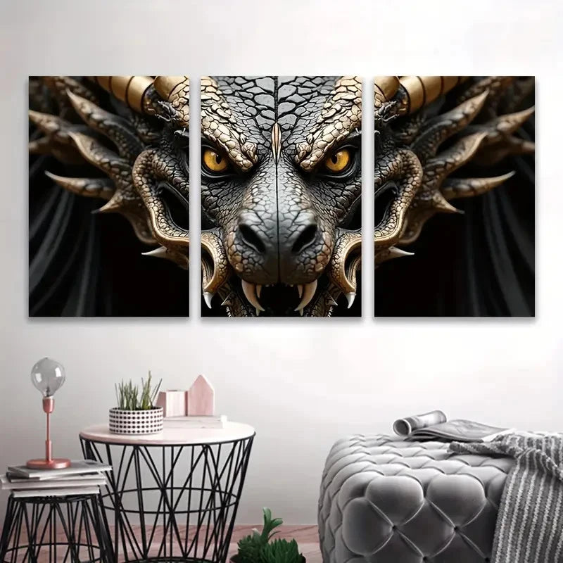 3pcs Fierce Golden-Eyed Dragon Artwork Wall Art Set Canvas Framed 50x70cm - High Quality Print 100% Australian Made Wall Canvas Ready to Hang