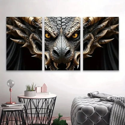 3pcs Fierce Golden-Eyed Dragon Artwork Wall Art Set Canvas Framed 50x70cm - High Quality Print 100% Australian Made Wall Canvas Ready to Hang
