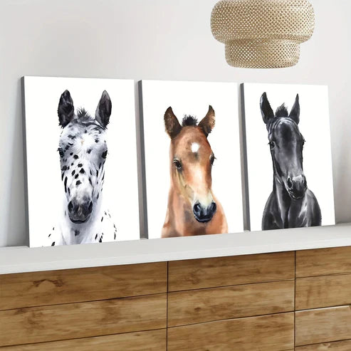 3pcs Chic Horse Modern Animal White Brown Black Wall Art Set Canvas Unframed - High Quality Print 100% Australian Made Wall Canvas - Bella Home Decor