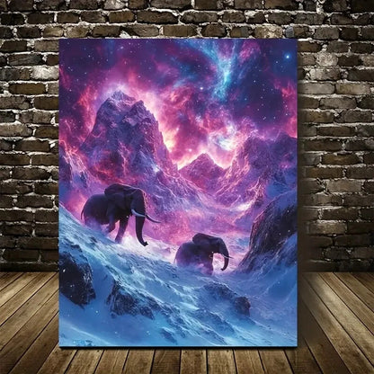 Vibrant Elephant Chase Scene Mystical Snowy Painting 40x60cm Metal Print Ready to Hang - Bella Home Decor