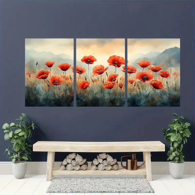 3pcs Red Poppy Meadow Watercolor Landscape Art Metal Print Ready to Hang Art - Bella Home Decor