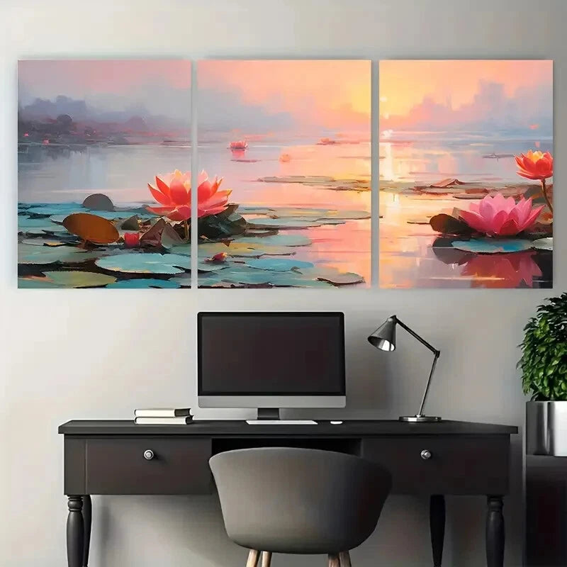 3pcs Nature Scene with Pink and Orange Flowers Metal Print Ready to Hang Art - Bella Home Decor