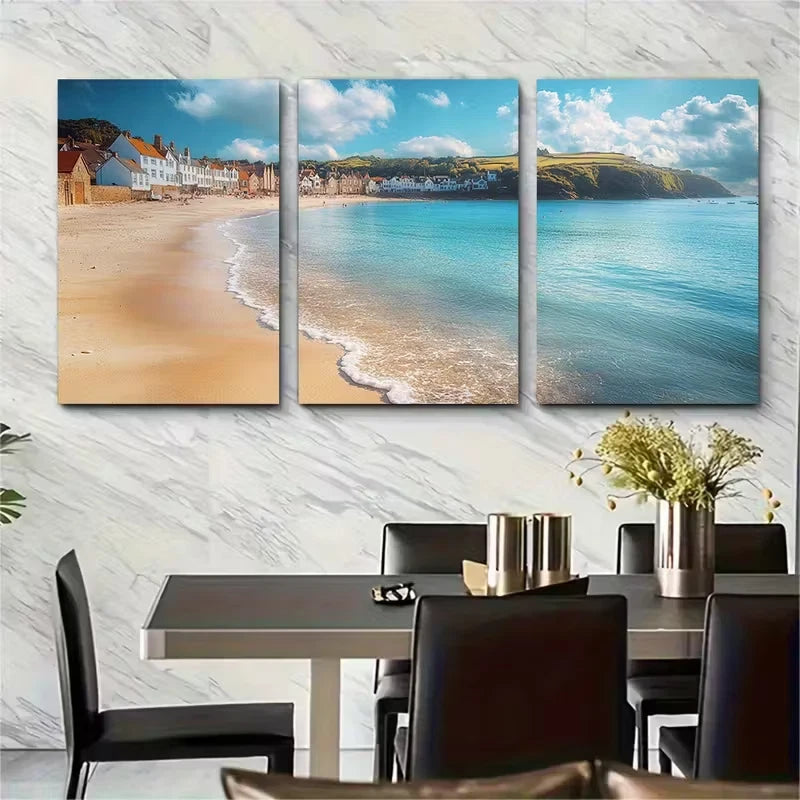 3pcs Blue Skies Over Looe Beach England Metal Print Ready to Hang Art - Bella Home Decor