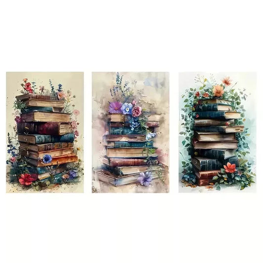 3pcs Retro Abstract Watercolor Floral and Books Wall Art Set Canvas Framed 50x70cm - High Quality Print 100% Australian Made Wall Canvas Ready to Hang