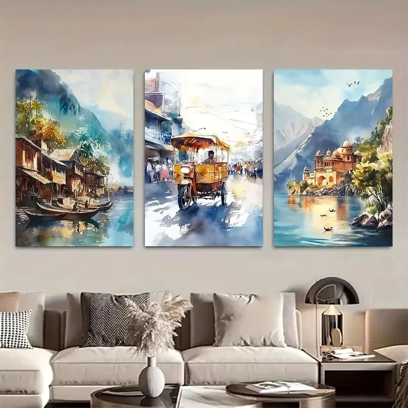 3pcs Vibrant Watercolor Indian Landscapes Metal Print Ready to Hang Art - Bella Home Decor