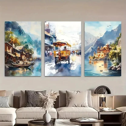 3pcs Vibrant Watercolor Indian Landscapes Metal Print Ready to Hang Art - Bella Home Decor