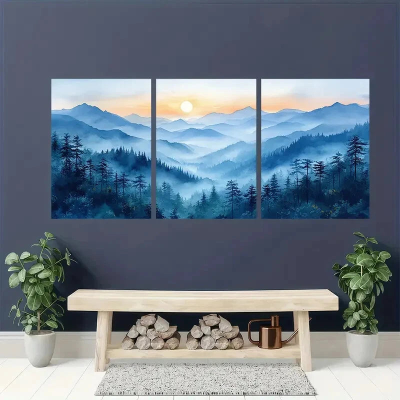3pcs Mountains Watercolor Landscape Painting Metal Print Ready to Hang Art - Bella Home Decor