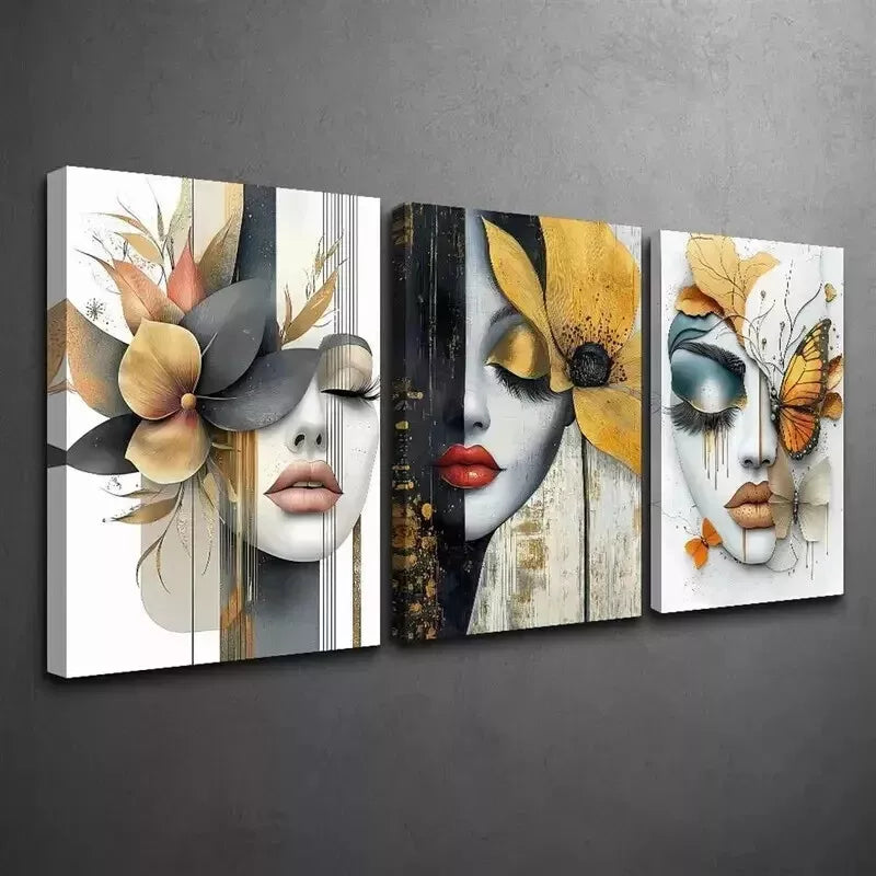 3pcs Modern Abstract Floral Designs With Sexy Lips Wall Art Set Canvas Framed 50x70cm - High Quality Print 100% Australian Made Wall Canvas Ready to Hang