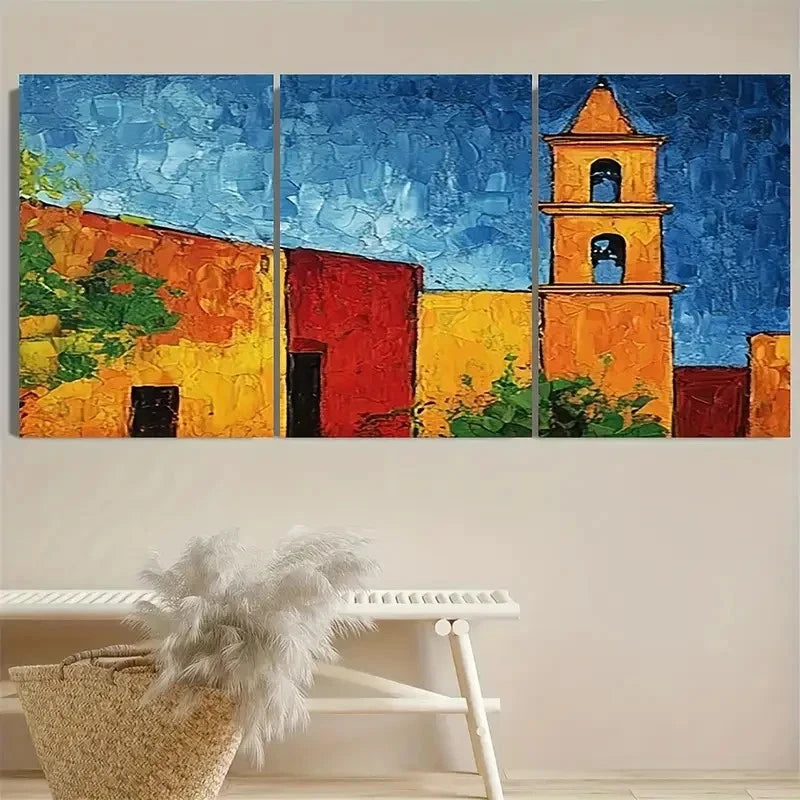 3pcs Vibrant Mexican Bell Tower Wall Art Set Canvas Framed 40x60cm - High Quality Print 100% Australian Made Wall Canvas Ready to Hang - Bella Home Decor