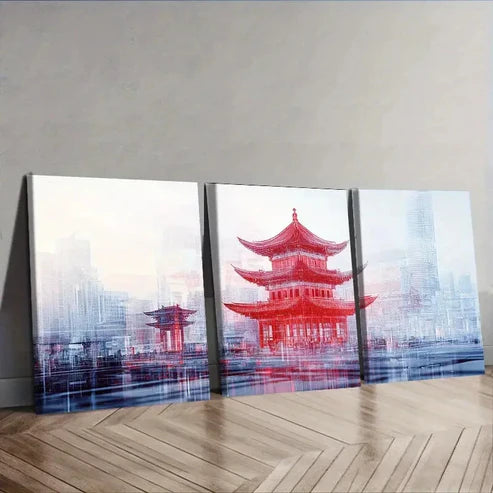 3pcs Chinese-style tower Traditional Wall Art Set Canvas Unframed - High Quality Print 100% Australian Made Wall Canvas - Bella Home Decor