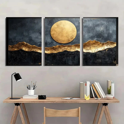 3pcs Modern Beige & Black Abstract Design Metal Print Ready to Hang Art - Bella Home Decor