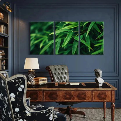 3pcs Green Bamboo Leaves Dew Drops Nature Metal Print Ready to Hang Art - Bella Home Decor