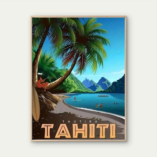 French Polynesia Beach Turquoise Waters & Palm Travel Poster Print Wall Art